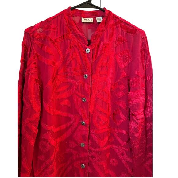 Chico's Velvet Sheer Geometric mandarin collar red blouse top button down size s - Picture 2 of 11